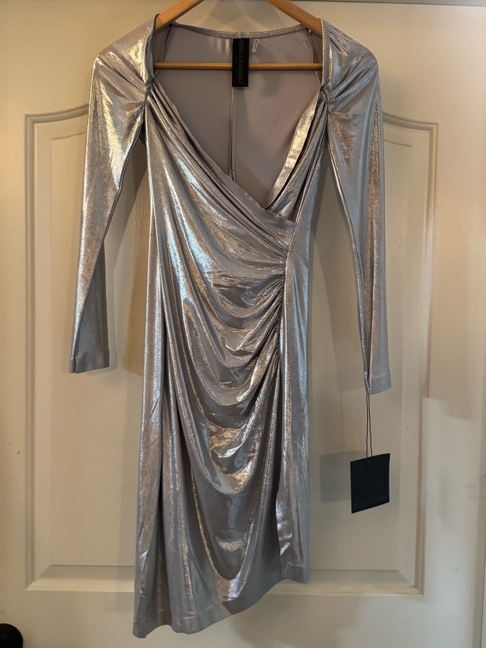 Norma Kamali Silver Metallic Draped Long-Sleeve Dress